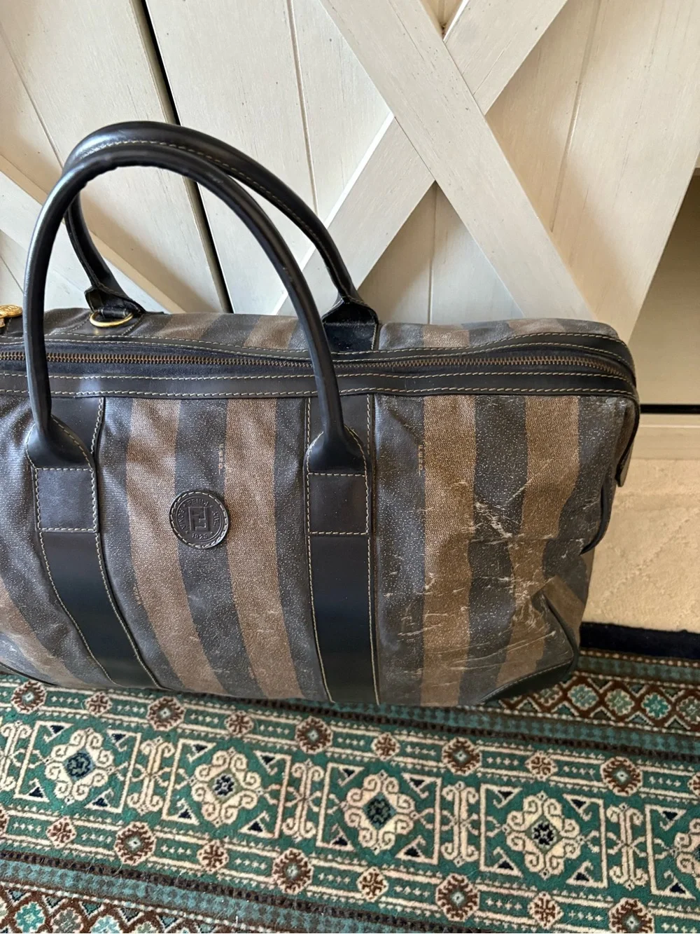 Fendi Striped Pequin Canvas /w Black Leather Duffel Bag